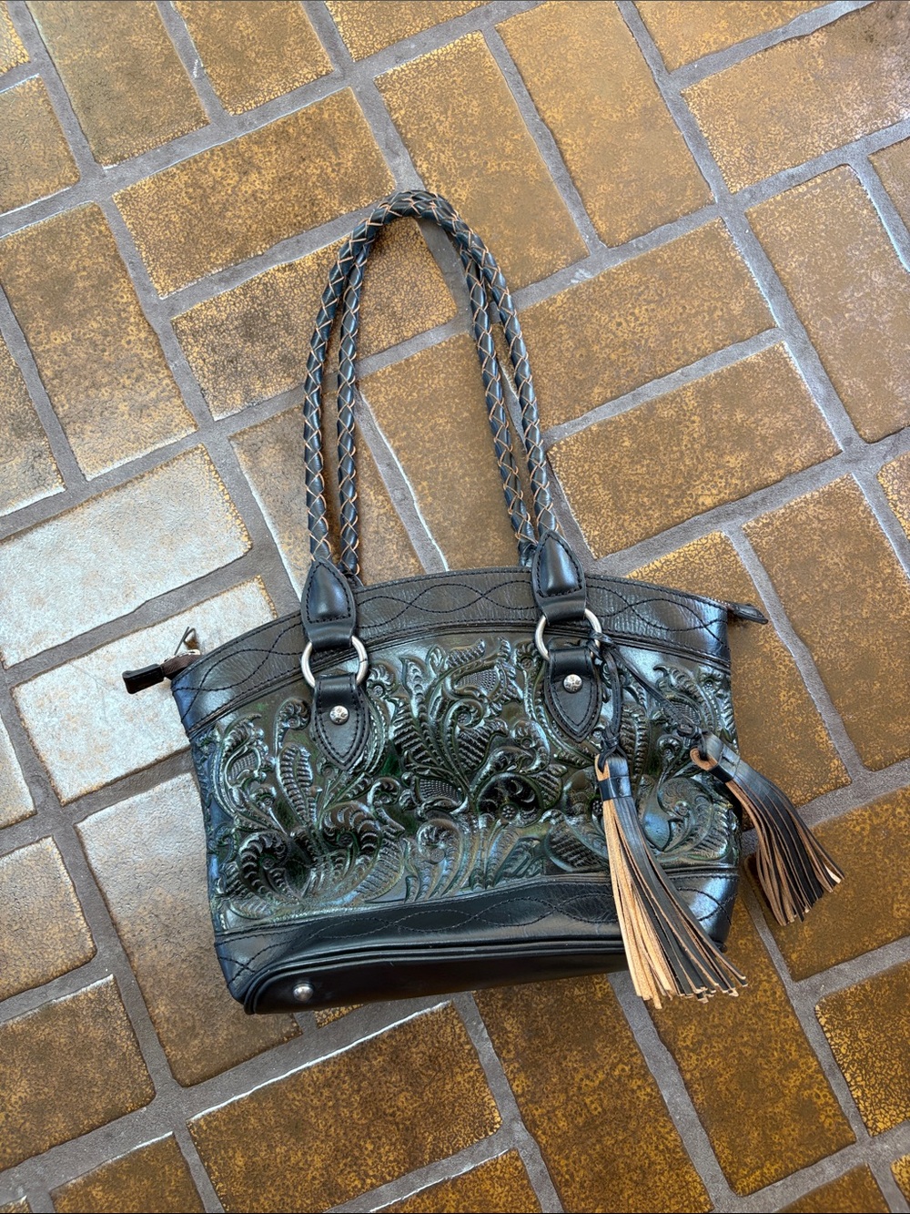Patricia Nash Black & Green Tooled Leather Satchel Purse
